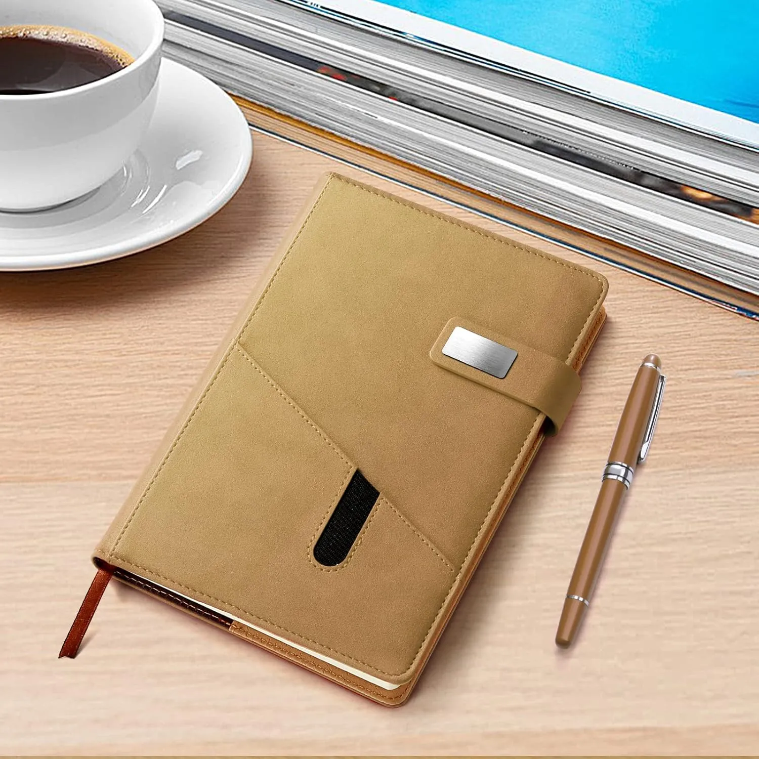 A5 Lined Leather Notebook and Pen Set with Gift Box, 241 Pages Refillable Journal with Pocket and Magnetic Buckle, Hardcover Daily Diary for Men and Women Business Travel Personal Writing- Khaki