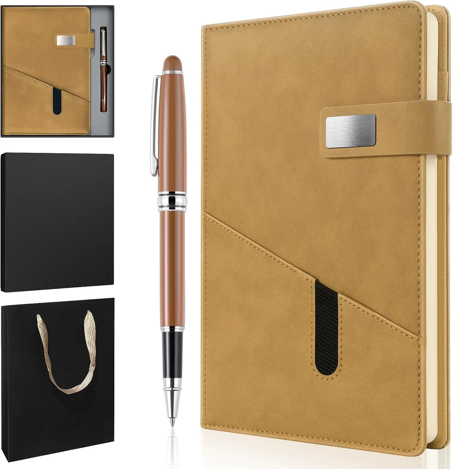 A5 Lined Leather Notebook and Pen Set with Gift Box, 241 Pages Refillable Journal with Pocket and Magnetic Buckle, Hardcover Daily Diary for Men and Women Business Travel Personal Writing- Khaki