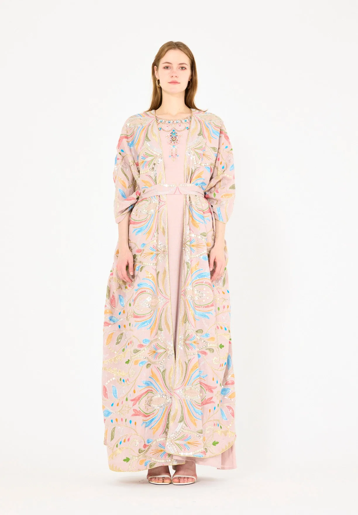 Abstract Multicolor Embroidered Bisht & Dress Set