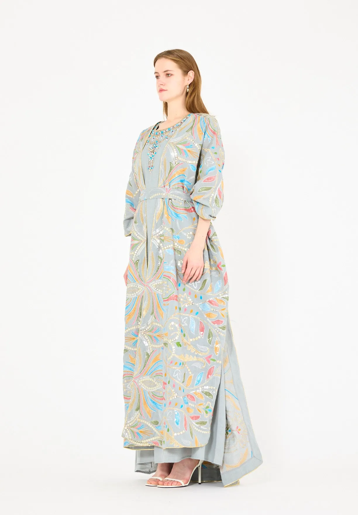Abstract Multicolor Embroidered Bisht & Dress Set