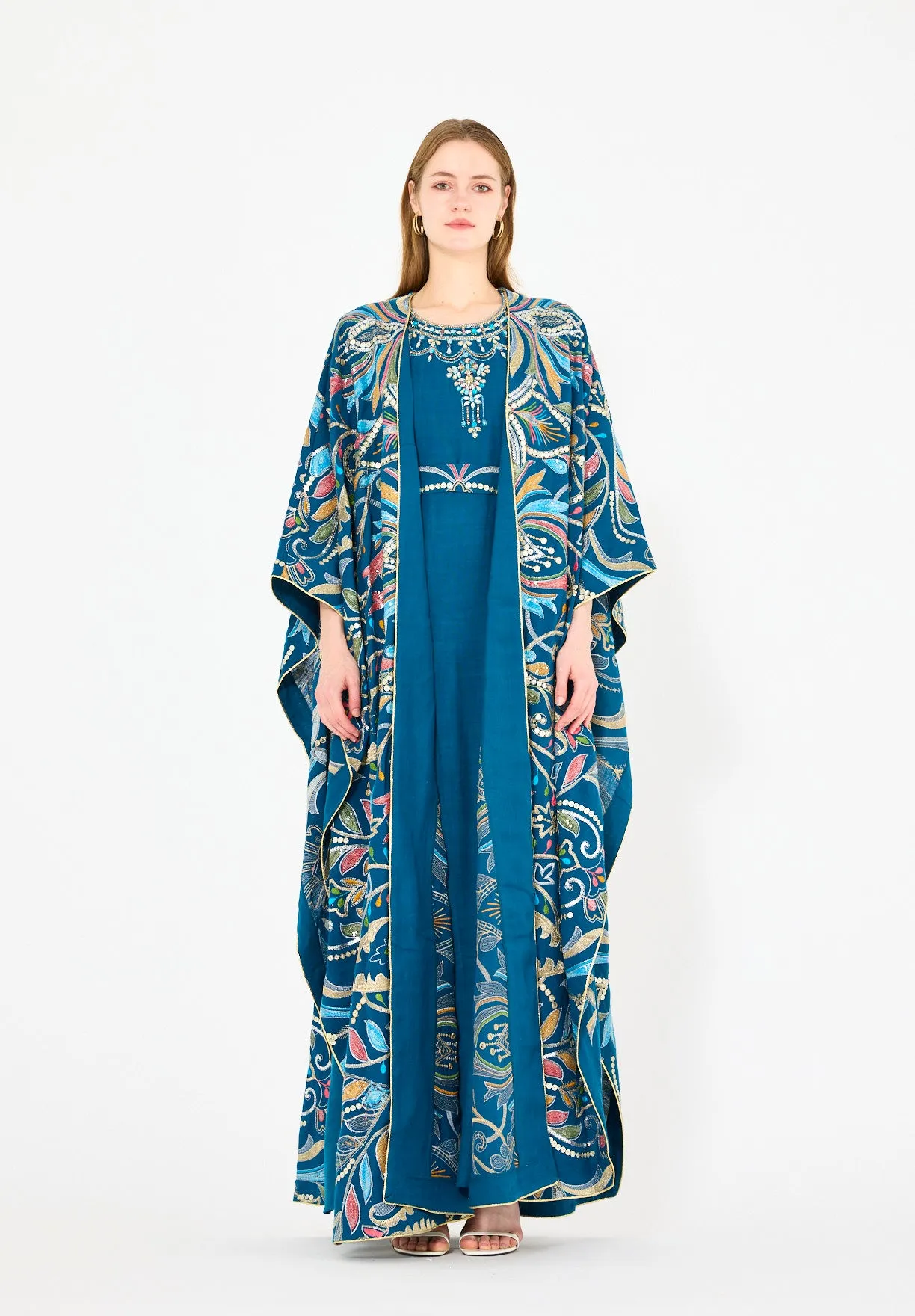 Abstract Multicolor Embroidered Bisht & Dress Set
