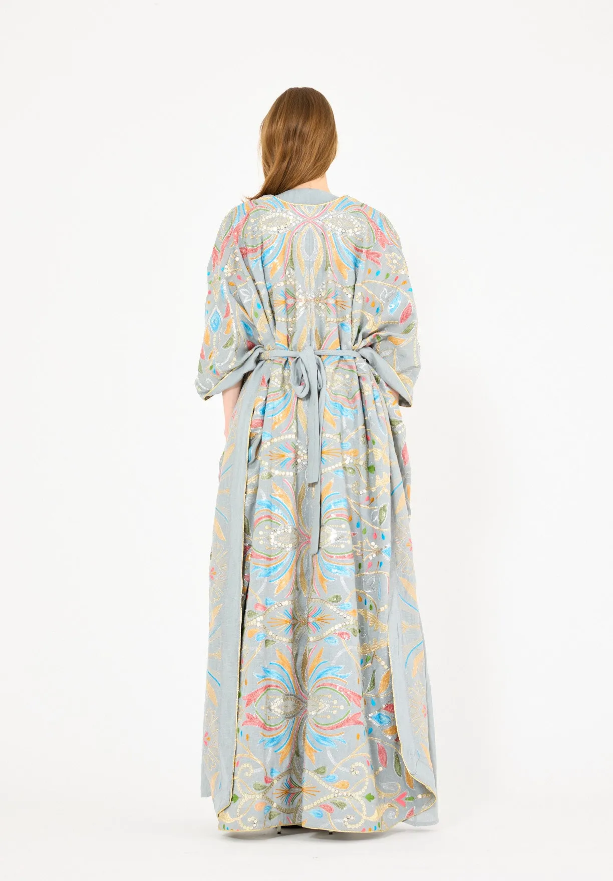 Abstract Multicolor Embroidered Bisht & Dress Set