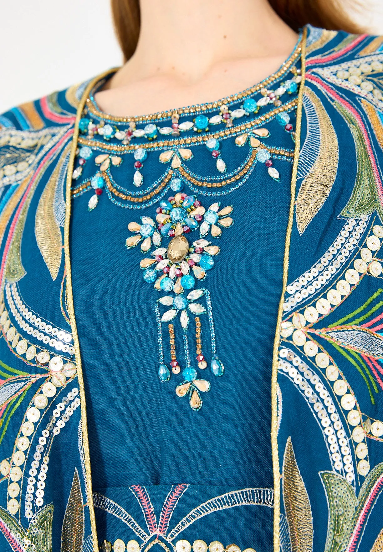 Abstract Multicolor Embroidered Bisht & Dress Set