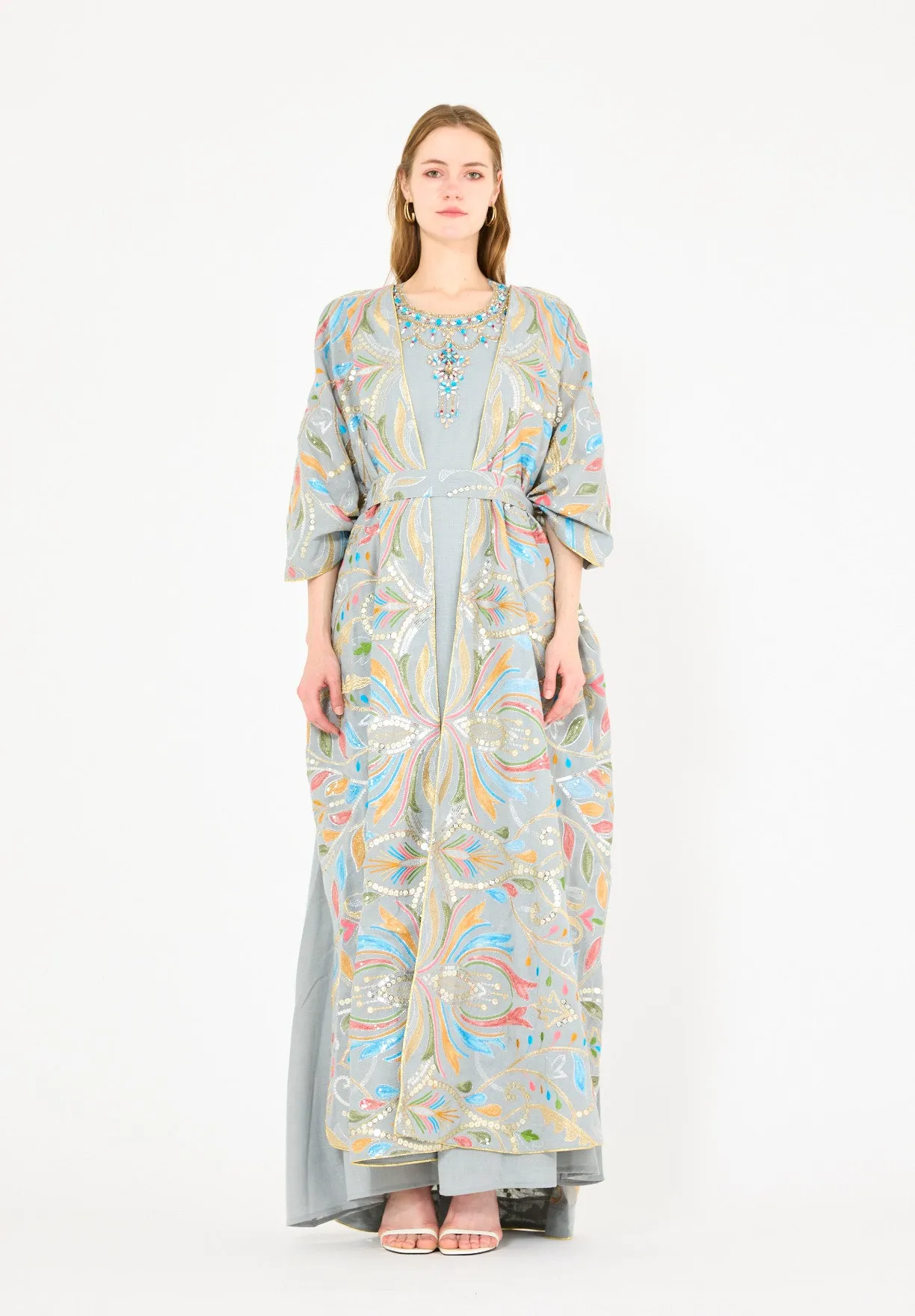 Abstract Multicolor Embroidered Bisht & Dress Set