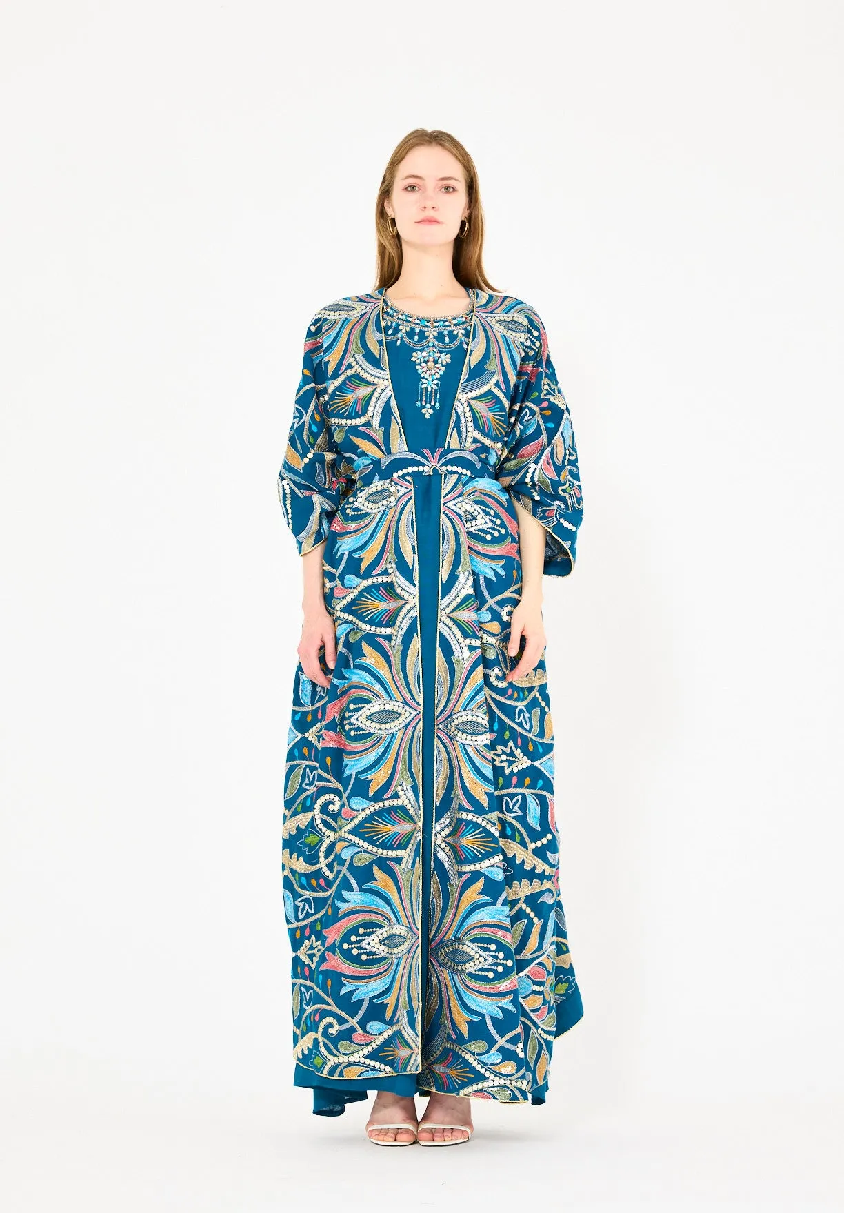Abstract Multicolor Embroidered Bisht & Dress Set