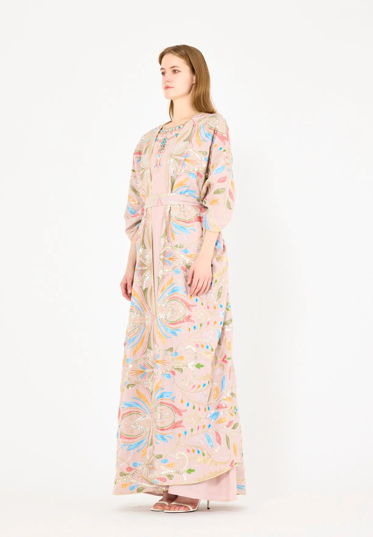 Abstract Multicolor Embroidered Bisht & Dress Set