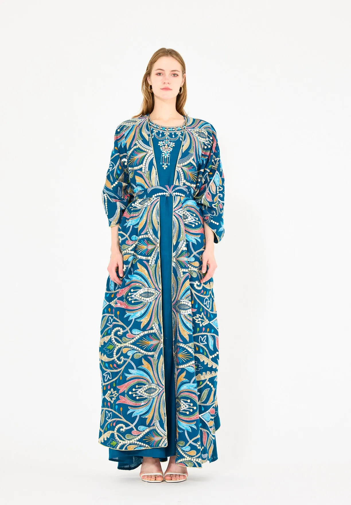 Abstract Multicolor Embroidered Bisht & Dress Set
