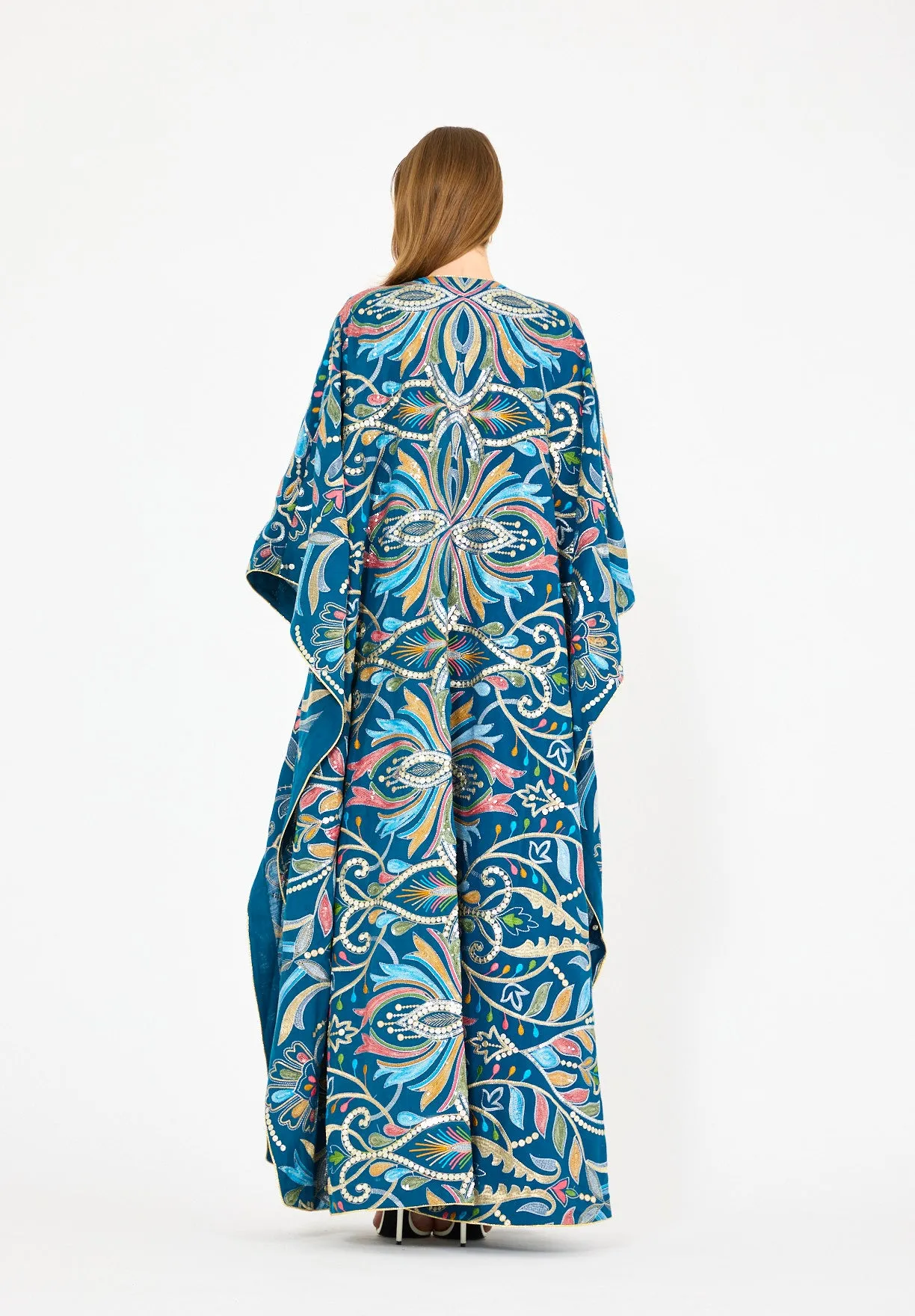 Abstract Multicolor Embroidered Bisht & Dress Set
