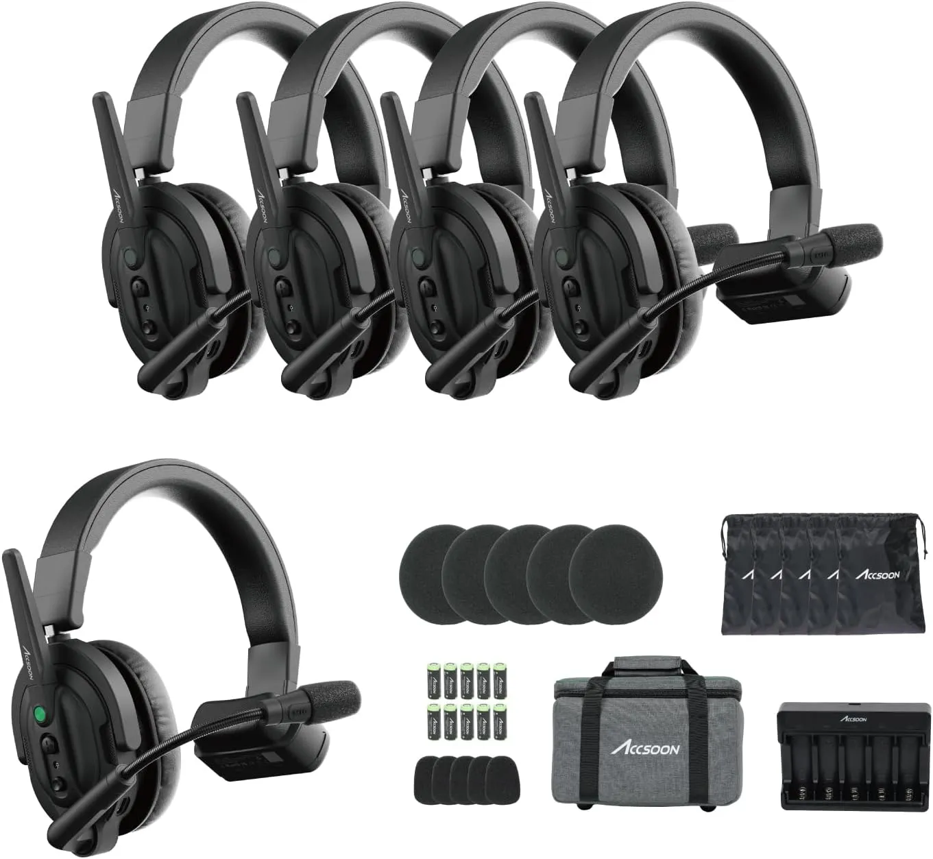 Accsoon CoMo Wireless Headset Intercom System, 1.9GHz Full-Duplex 5-User Team Communication Headset, 1312ft Range, ENC Noise Canceling, 10H Runtime & Replaceable Battery for Film Shooting, Live Events