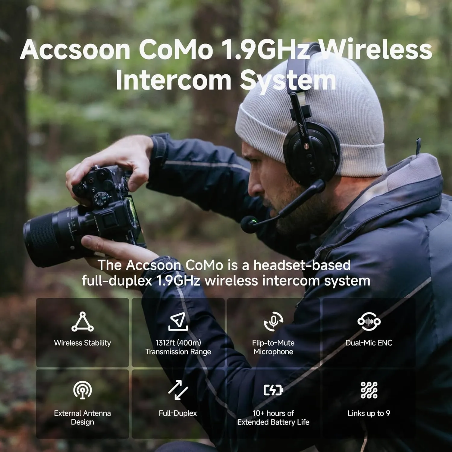 Accsoon CoMo Wireless Headset Intercom System, 1.9GHz Full-Duplex 5-User Team Communication Headset, 1312ft Range, ENC Noise Canceling, 10H Runtime & Replaceable Battery for Film Shooting, Live Events