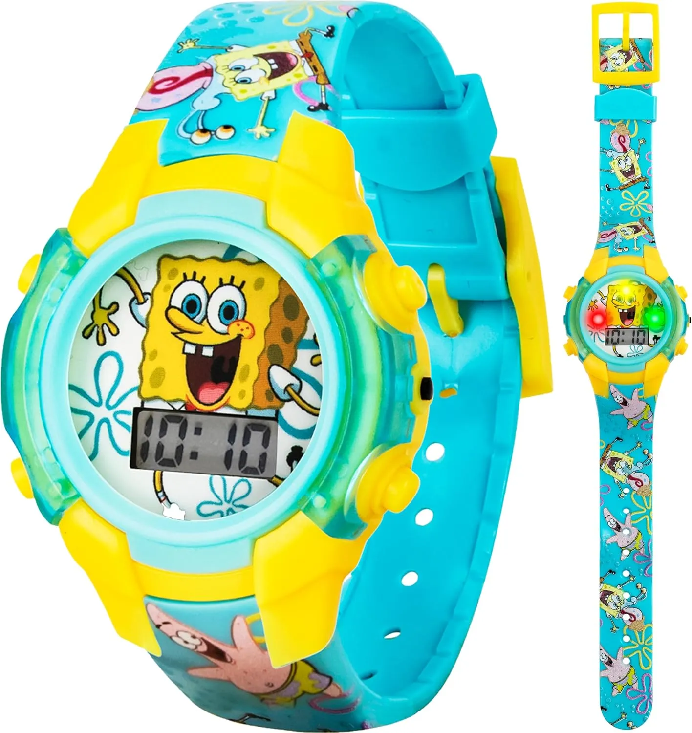 Accutime Nickelodeon Spongebob Squarepants Kids LCD Watch with LED Lights - Colorful Character Strap, Interactive Flashing Display, Comes in Collectible Tin Box