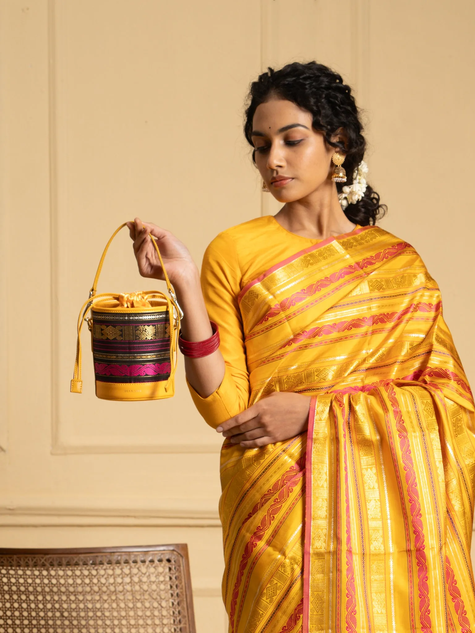Adhya Pure Zari Bucket Bag Black & Yellow