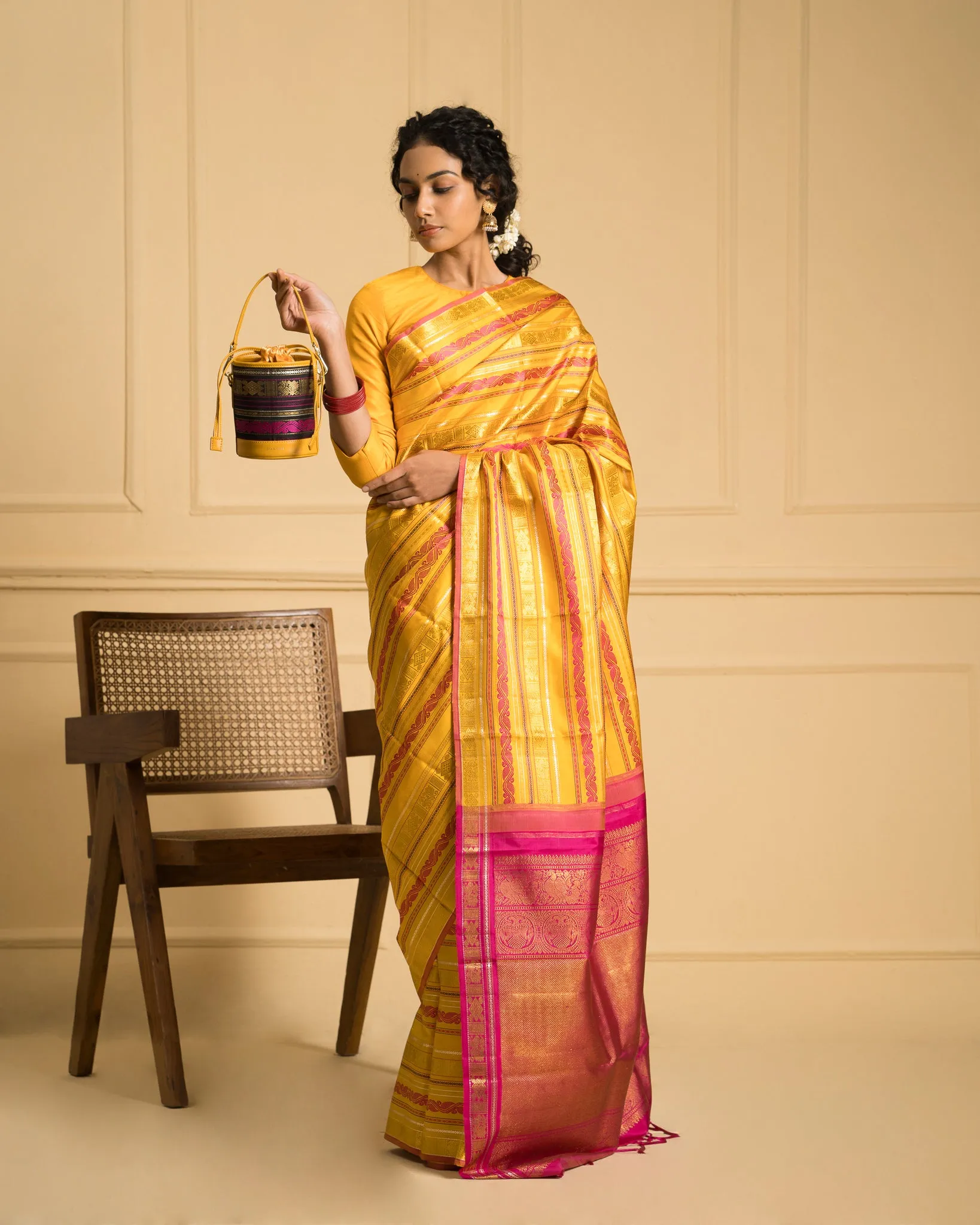 Adhya Pure Zari Bucket Bag Black & Yellow