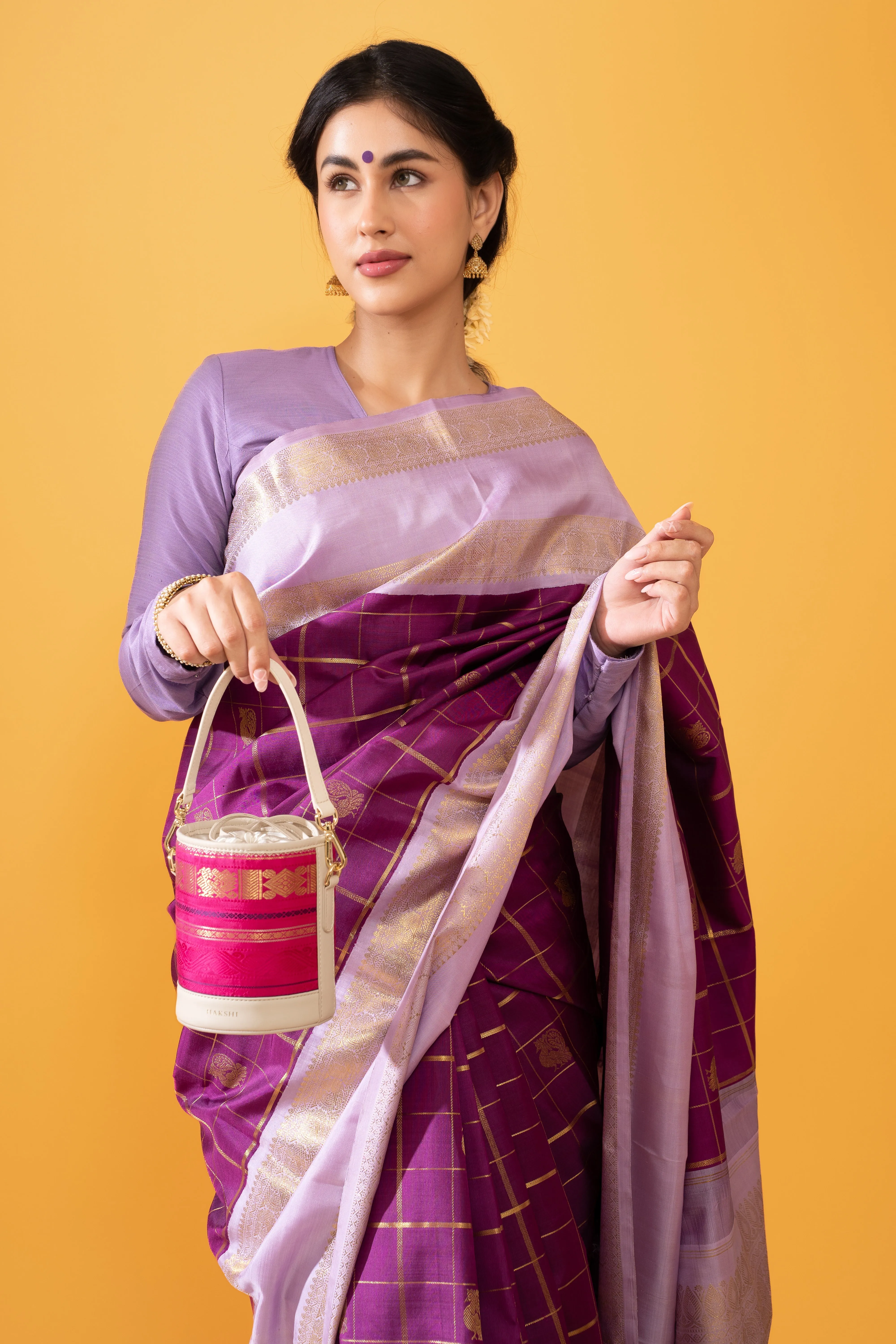 Adhya Pure Zari Bucket Bag Rani Pink & Ivory