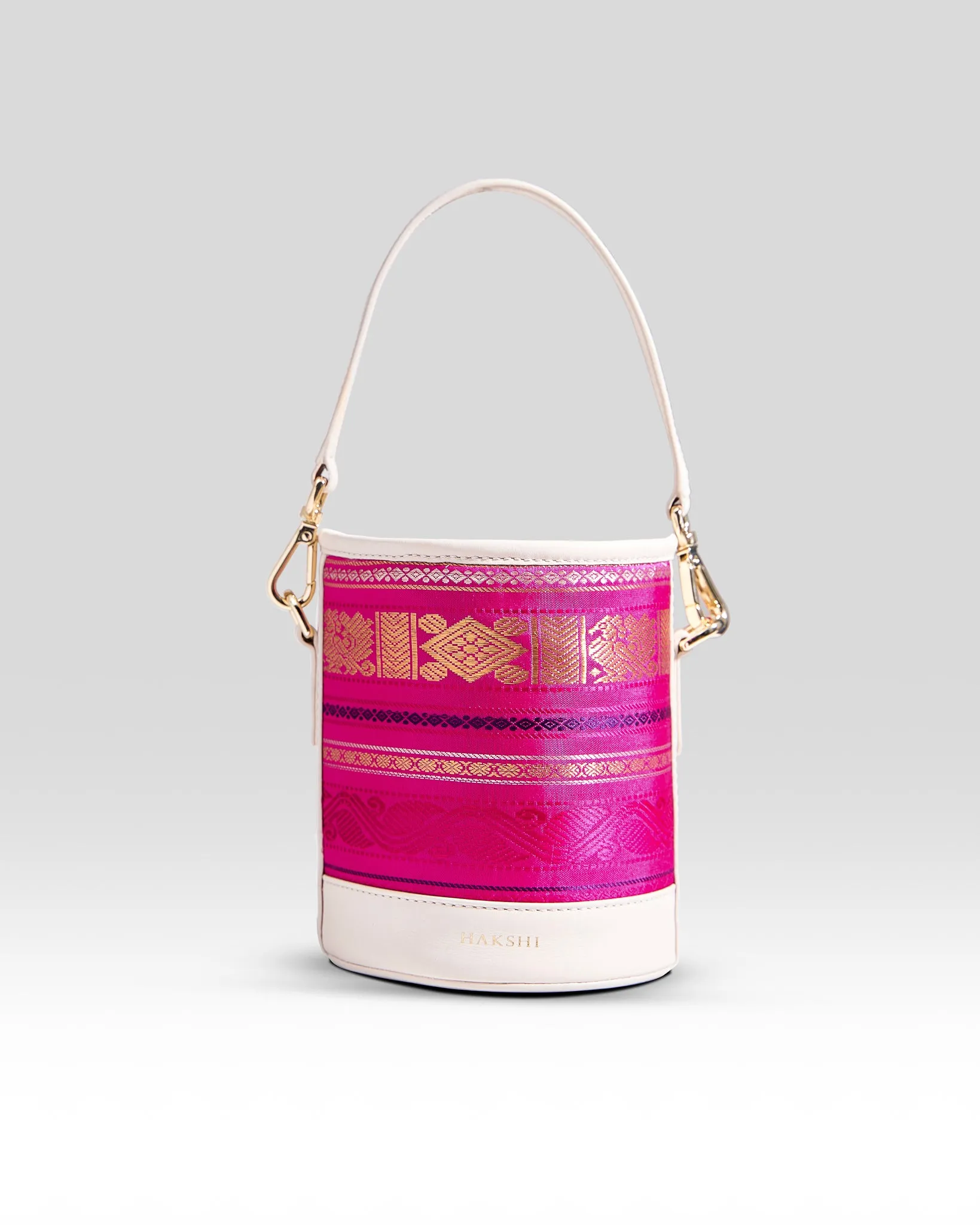 Adhya Pure Zari Bucket Bag Rani Pink & Ivory