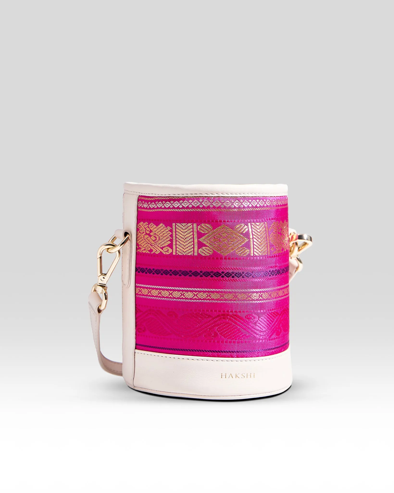 Adhya Pure Zari Bucket Bag Rani Pink & Ivory