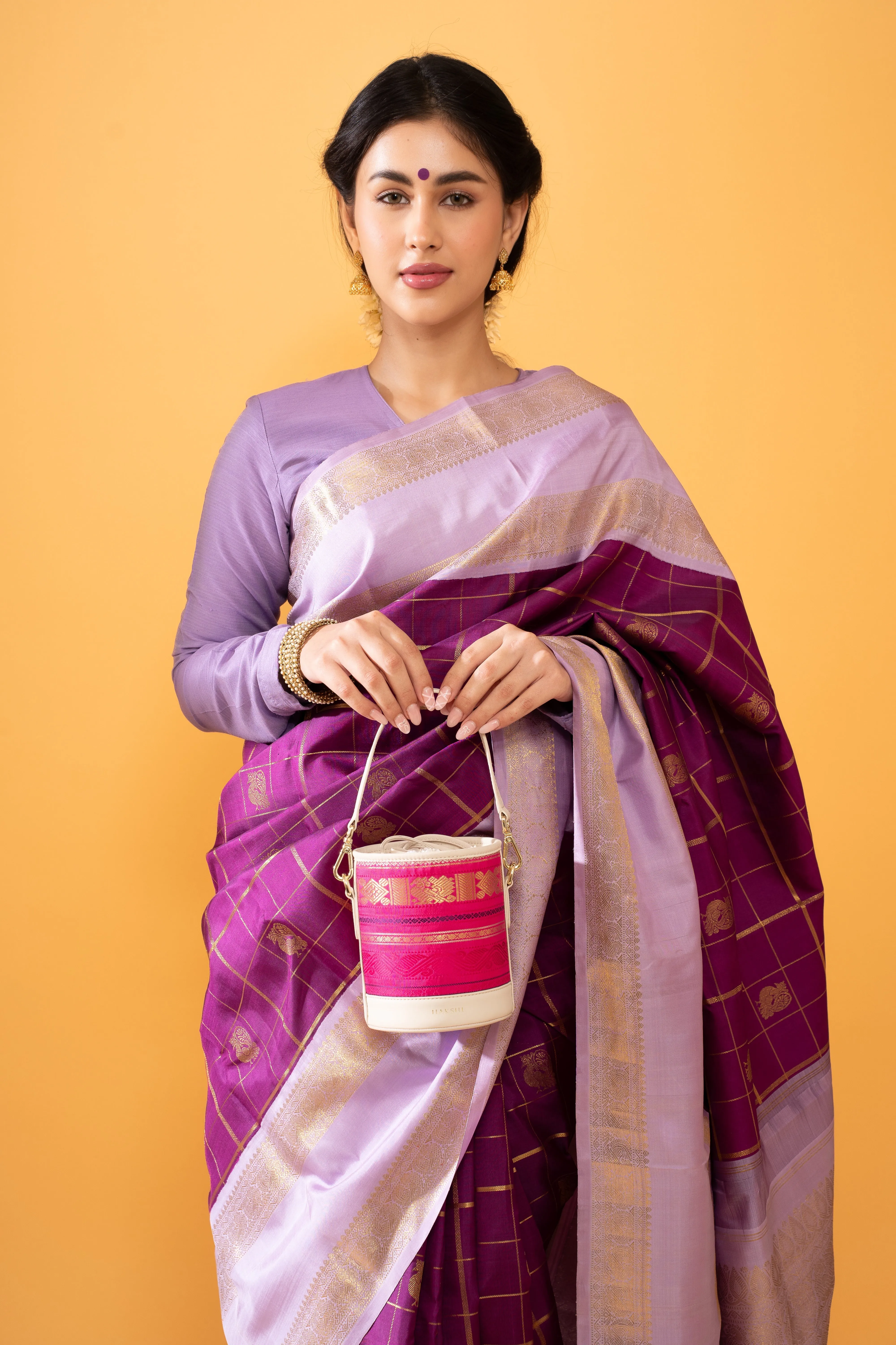 Adhya Pure Zari Bucket Bag Rani Pink & Ivory