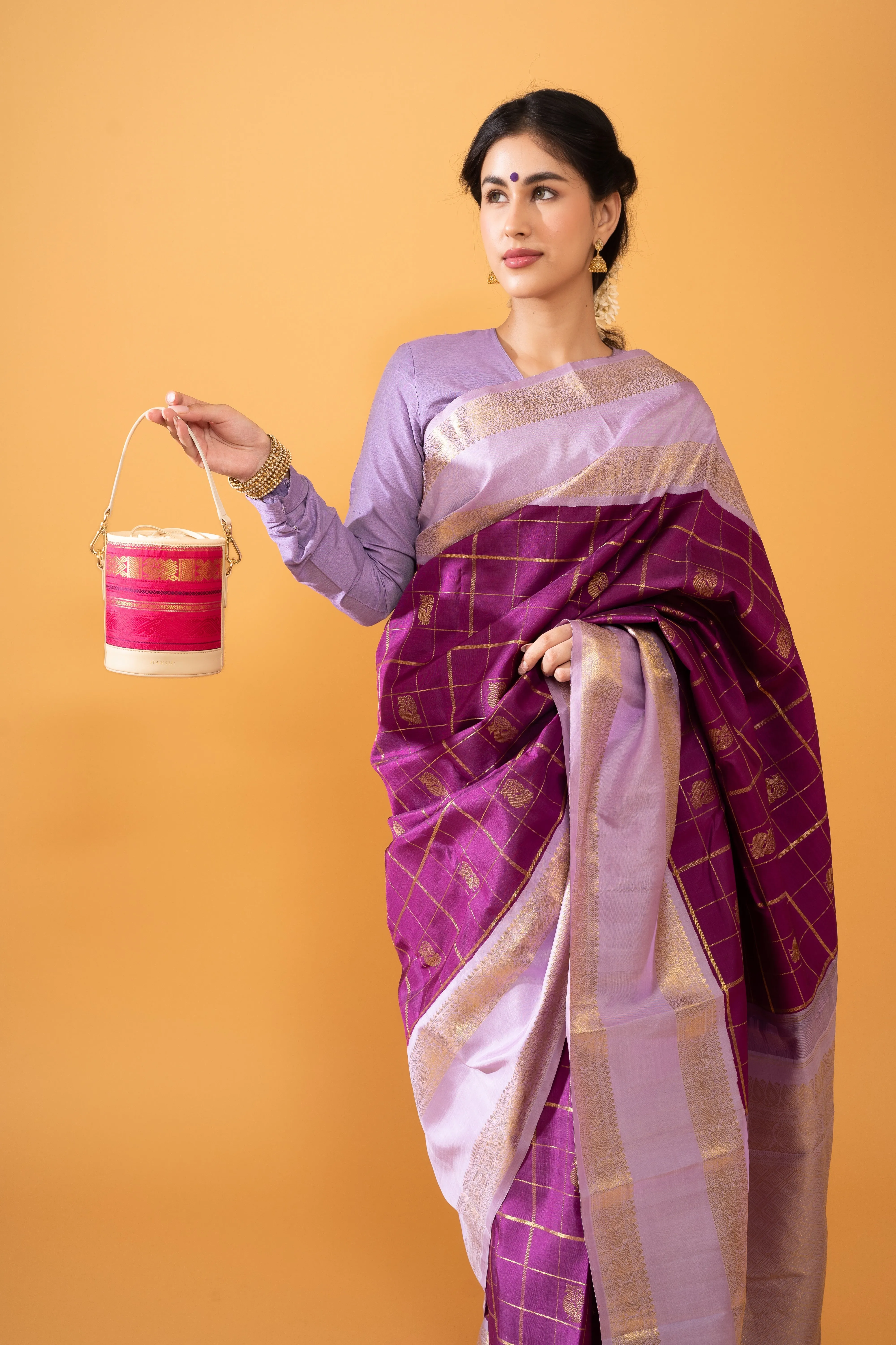 Adhya Pure Zari Bucket Bag Rani Pink & Ivory