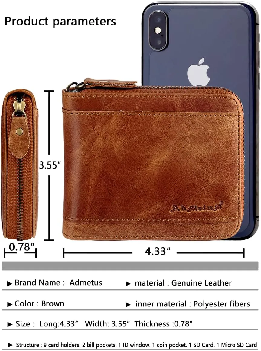 Admetus Mens RFID Blocking Wallets Zipper Leather Wallet for Men Bifold RFID Card Holder