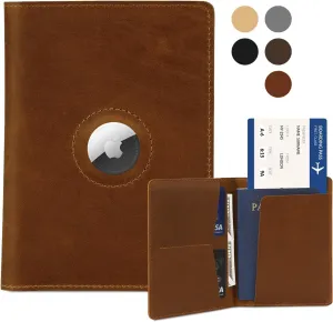 Airtag Passport Holder for Men and Women Travel, Real Leather Passport Wallet, Handmade Passport Cover Case with Airtag Slot, Travel Must Haves Essentials Accessories Birthday Gifts(Crazy Horse,Brown)