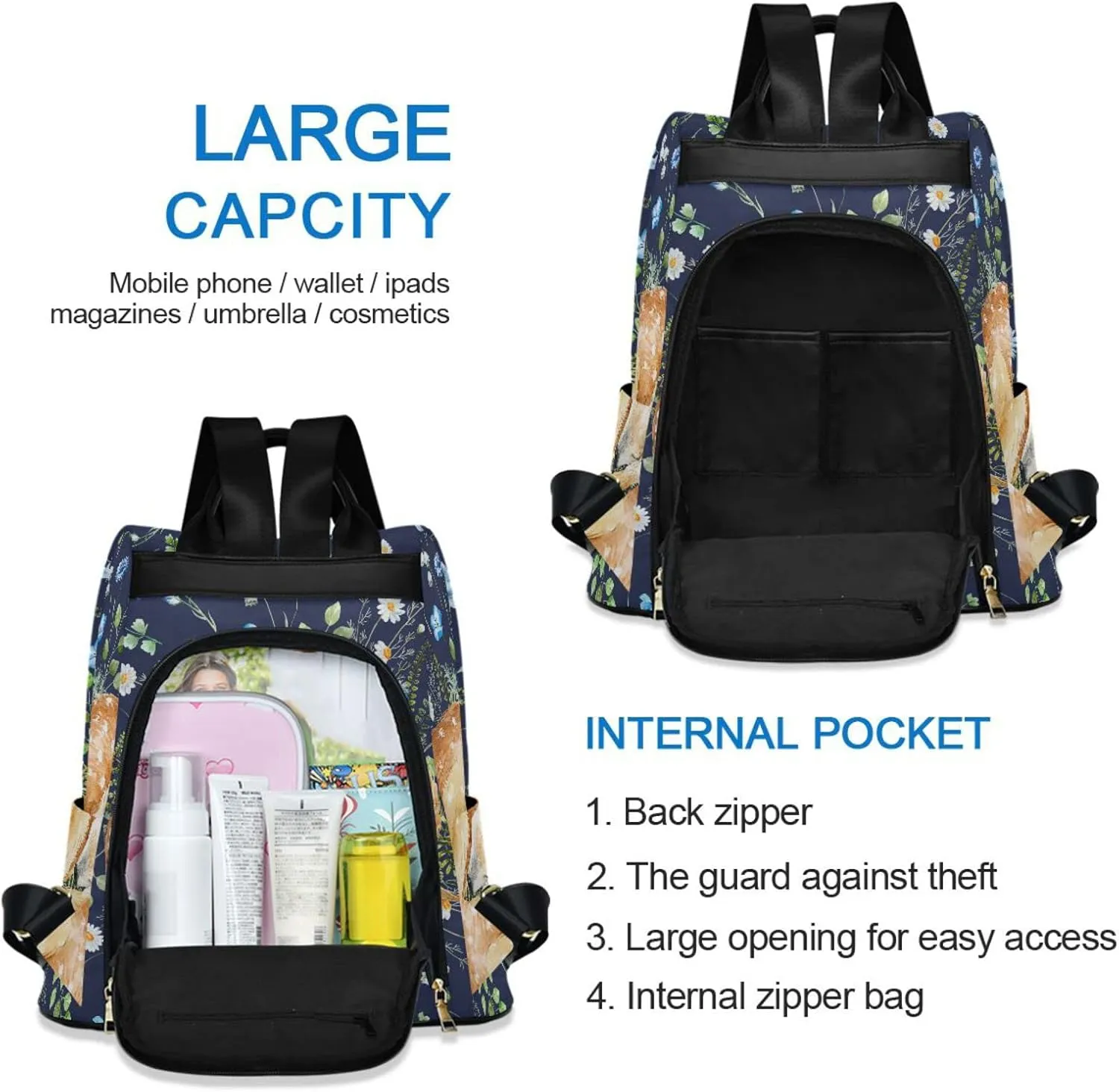 ALAZA Deer and Flower Backpack Purse for Women Travel Casual Daypack College Bookbag Work Business Ladies Shoulder Bag