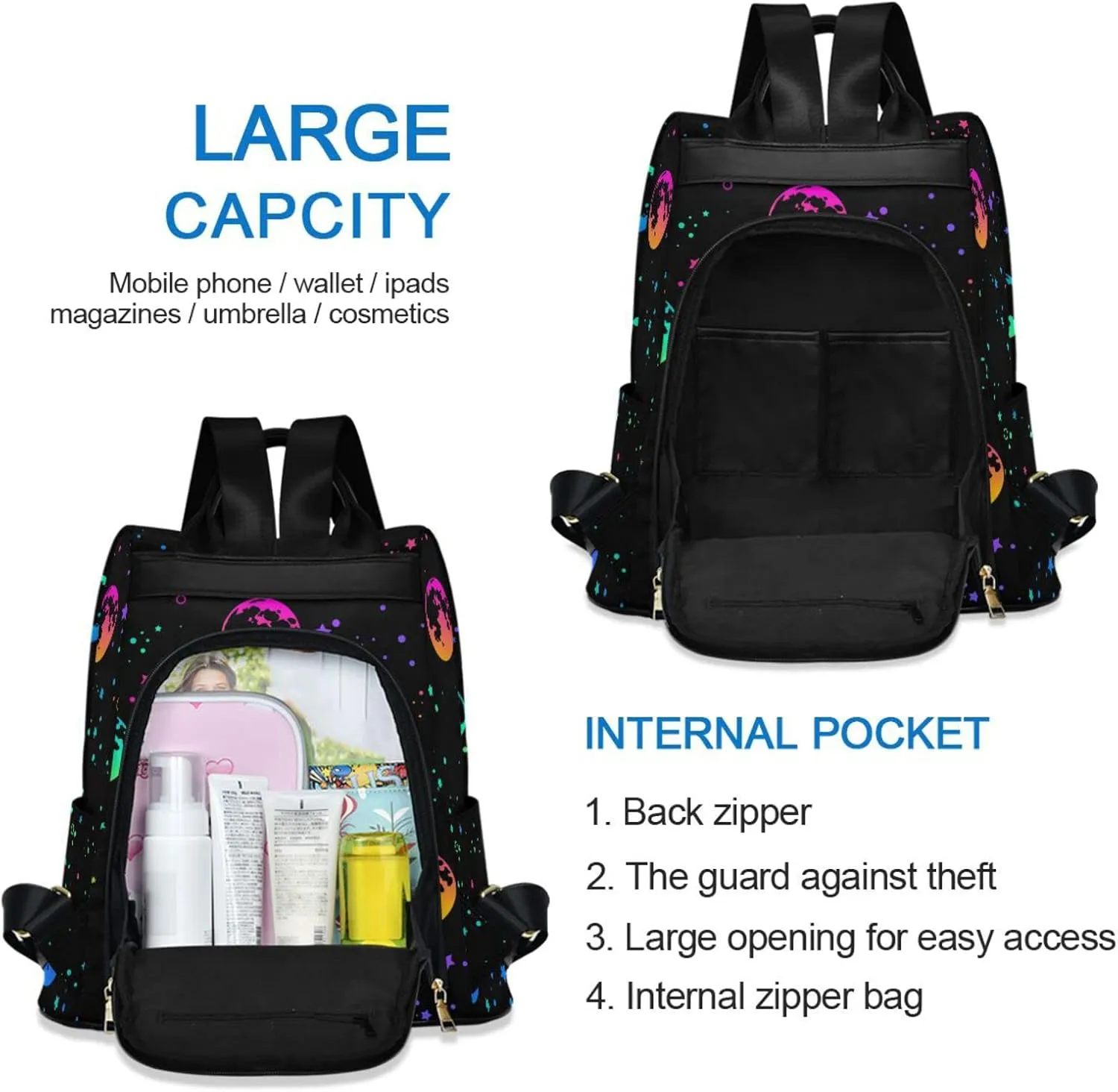 ALAZA Rainbow Moon Star Backpack Purse for Women Travel Casual Daypack College Bookbag Work Business Ladies Shoulder Bag