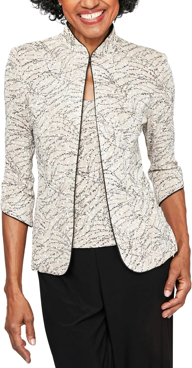 Alex Evenings Women's 3/4 Sleeve Printed Twinset with Scoop Neckline Cami and Hook Neck Closure Jacket (Plus Size)