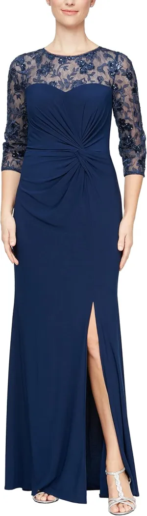 Alex Evenings Women's Long A-line Mother of The Bride Dress with Illusion Neck and Sleeves (Petite and Regular Sizes)