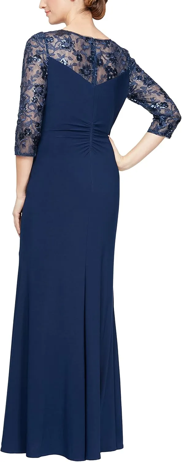 Alex Evenings Women's Long A-line Mother of The Bride Dress with Illusion Neck and Sleeves (Petite and Regular Sizes)