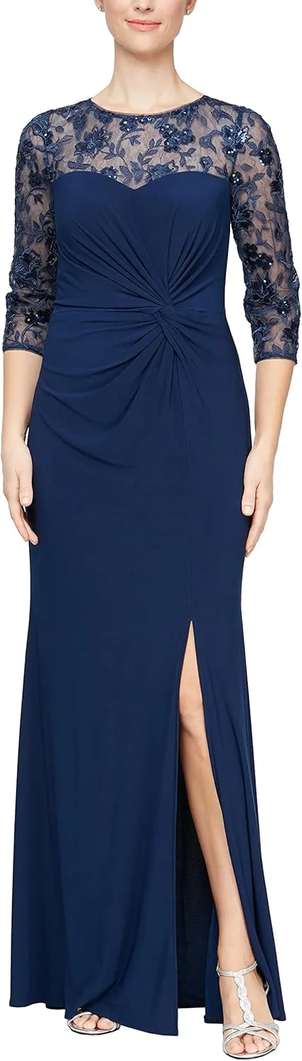 Alex Evenings Women's Long A-line Mother of The Bride Dress with Illusion Neck and Sleeves (Petite and Regular Sizes)