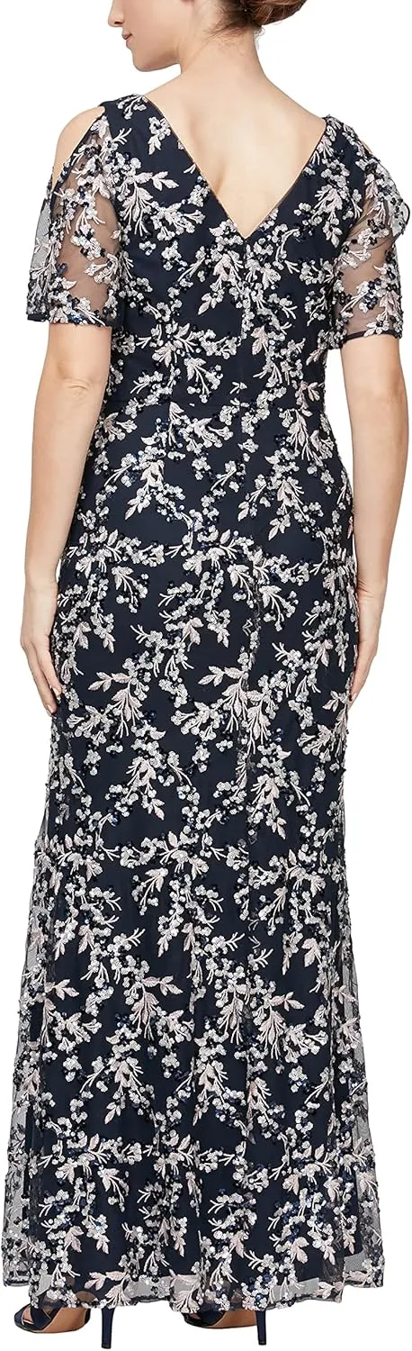 Alex Evenings Women's Long Mother of The Bride Sequin Dress with Cold Shoulder Flutter Sleeves (Petite and Regular Sizes)