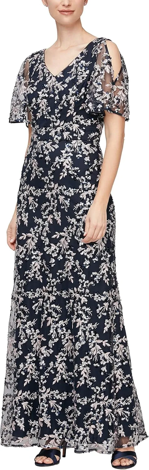 Alex Evenings Women's Long Mother of The Bride Sequin Dress with Cold Shoulder Flutter Sleeves (Petite and Regular Sizes)