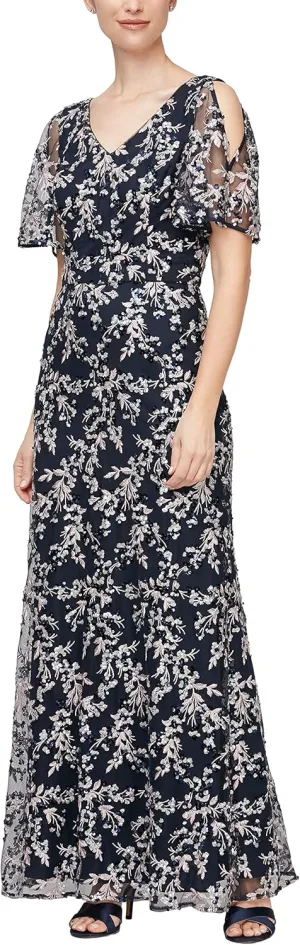 Alex Evenings Women's Long Mother of The Bride Sequin Dress with Cold Shoulder Flutter Sleeves (Petite and Regular Sizes)