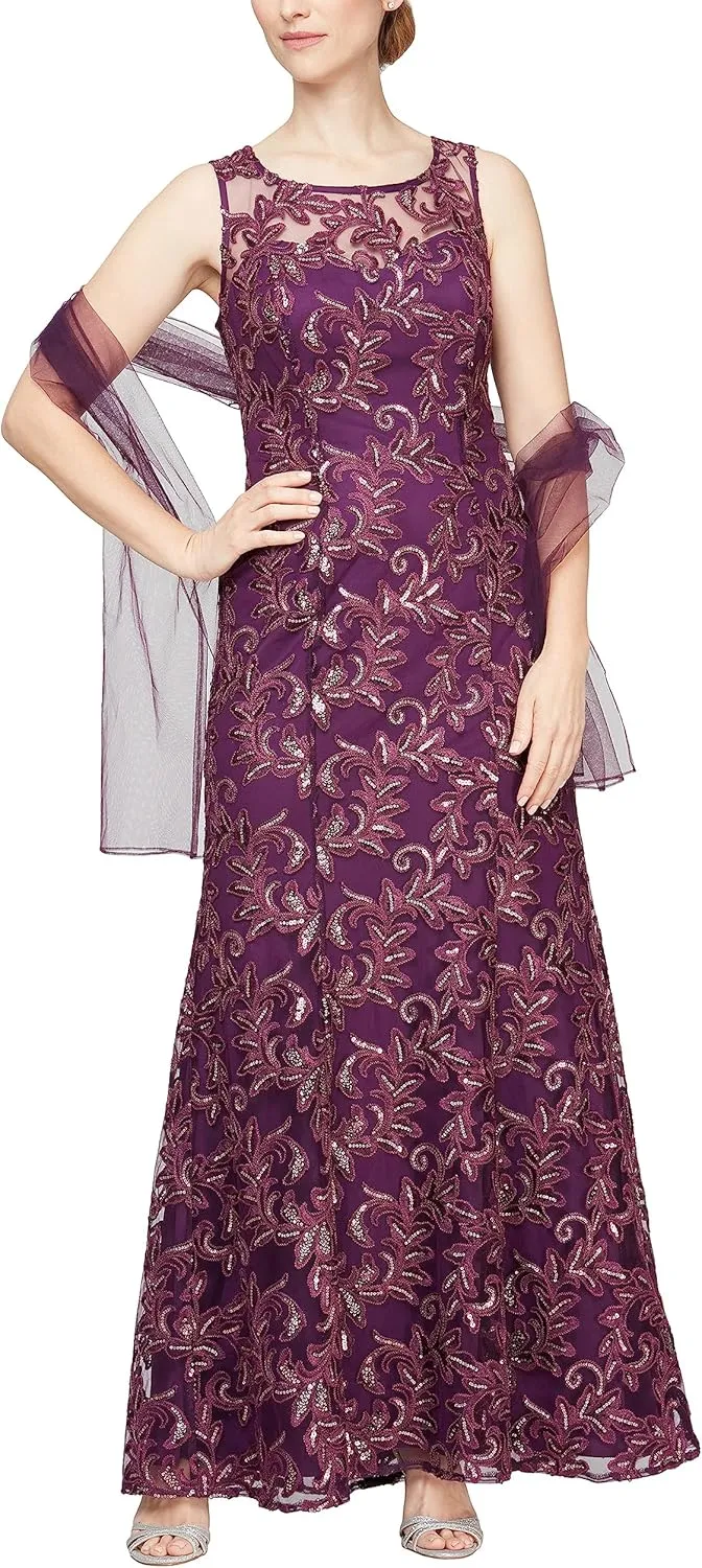 Alex Evenings Women's Long Sleeveless Mother of The Bride Dress with Shawl (Petite and Regular Sizes)