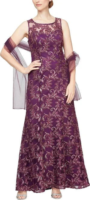 Alex Evenings Women's Long Sleeveless Mother of The Bride Dress with Shawl (Petite and Regular Sizes)