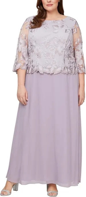 Alex Evenings Women's Plus Size Stretch Lace Bodice Mock One Piece Gown
