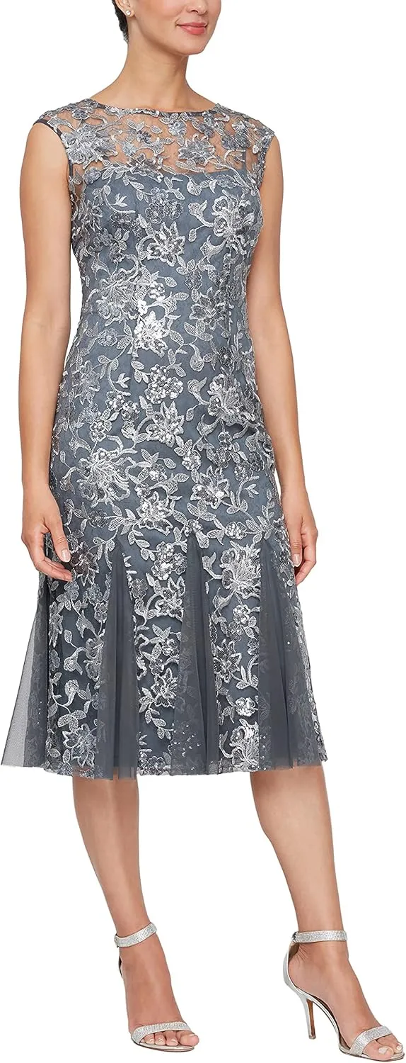 Alex Evenings Women's Short Embroidered Cocktail Dress, Wedding Guest (Petite and Regular Sizes)