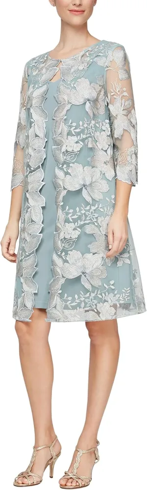 Alex Evenings Women's Short Embroidered Jacket Dress, Perfect for Wedding Guest, Formal Events Regular Sizes, Ice Sage, 12 Petite