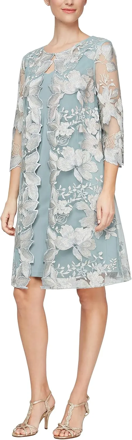 Alex Evenings Women's Short Embroidered Jacket Dress, Perfect for Wedding Guest, Formal Events Regular Sizes, Ice Sage, 12 Petite