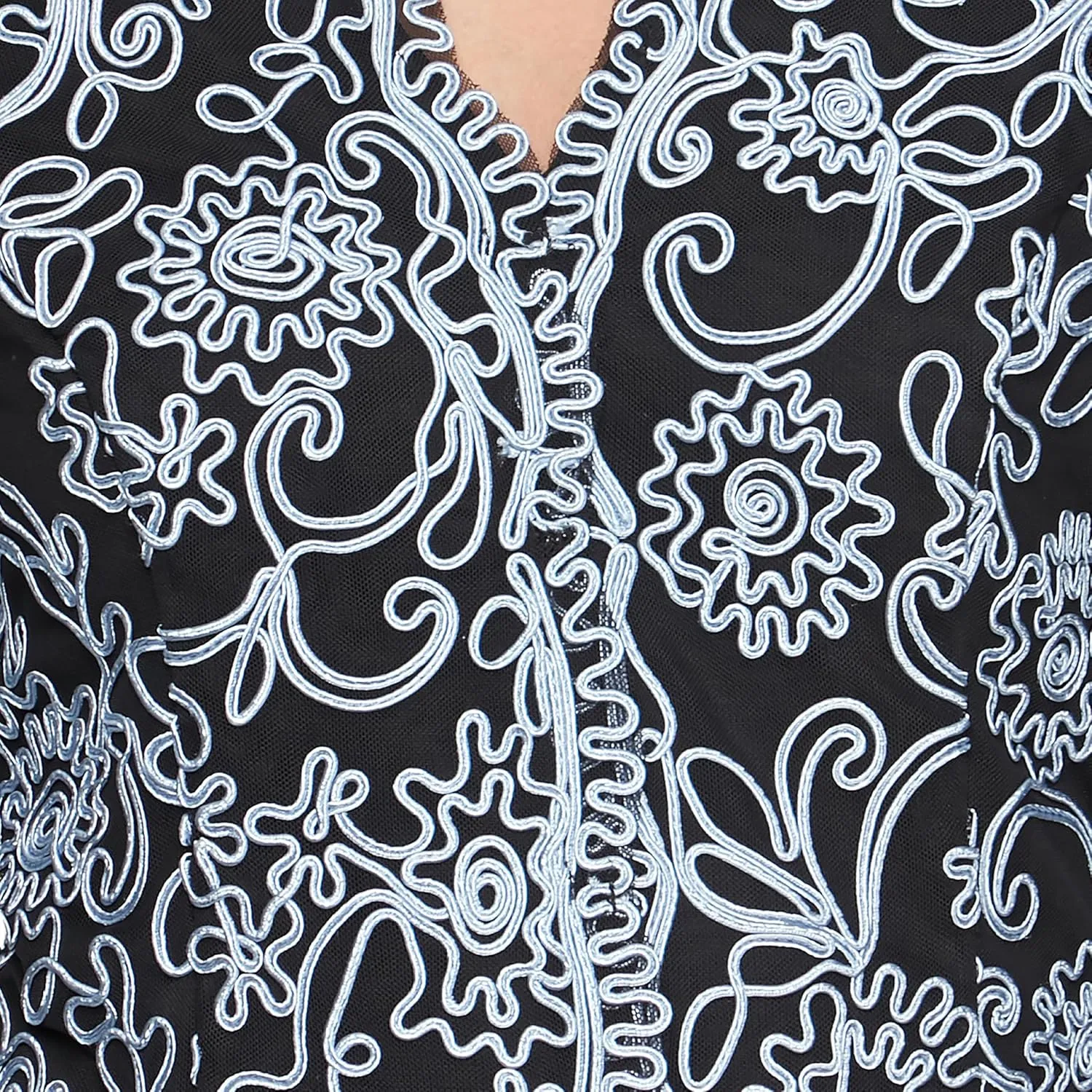 Alex Evenings Women's Stretch Embroidered Formal Event Blouse with Center Front Scallop Detail and Illusion Sleeves