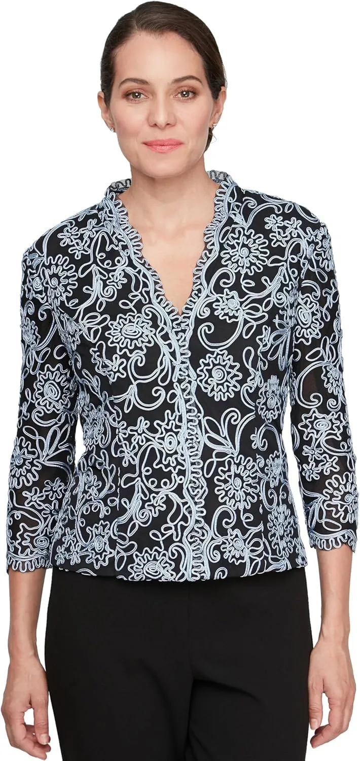 Alex Evenings Women's Stretch Embroidered Formal Event Blouse with Center Front Scallop Detail and Illusion Sleeves