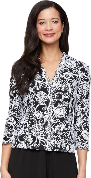 Alex Evenings Women's Stretch Embroidered Formal Event Blouse with Center Front Scallop Detail and Illusion Sleeves