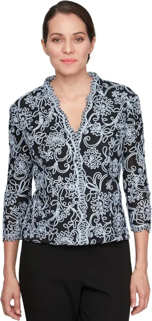 Alex Evenings Women's Stretch Embroidered Formal Event Blouse with Center Front Scallop Detail and Illusion Sleeves