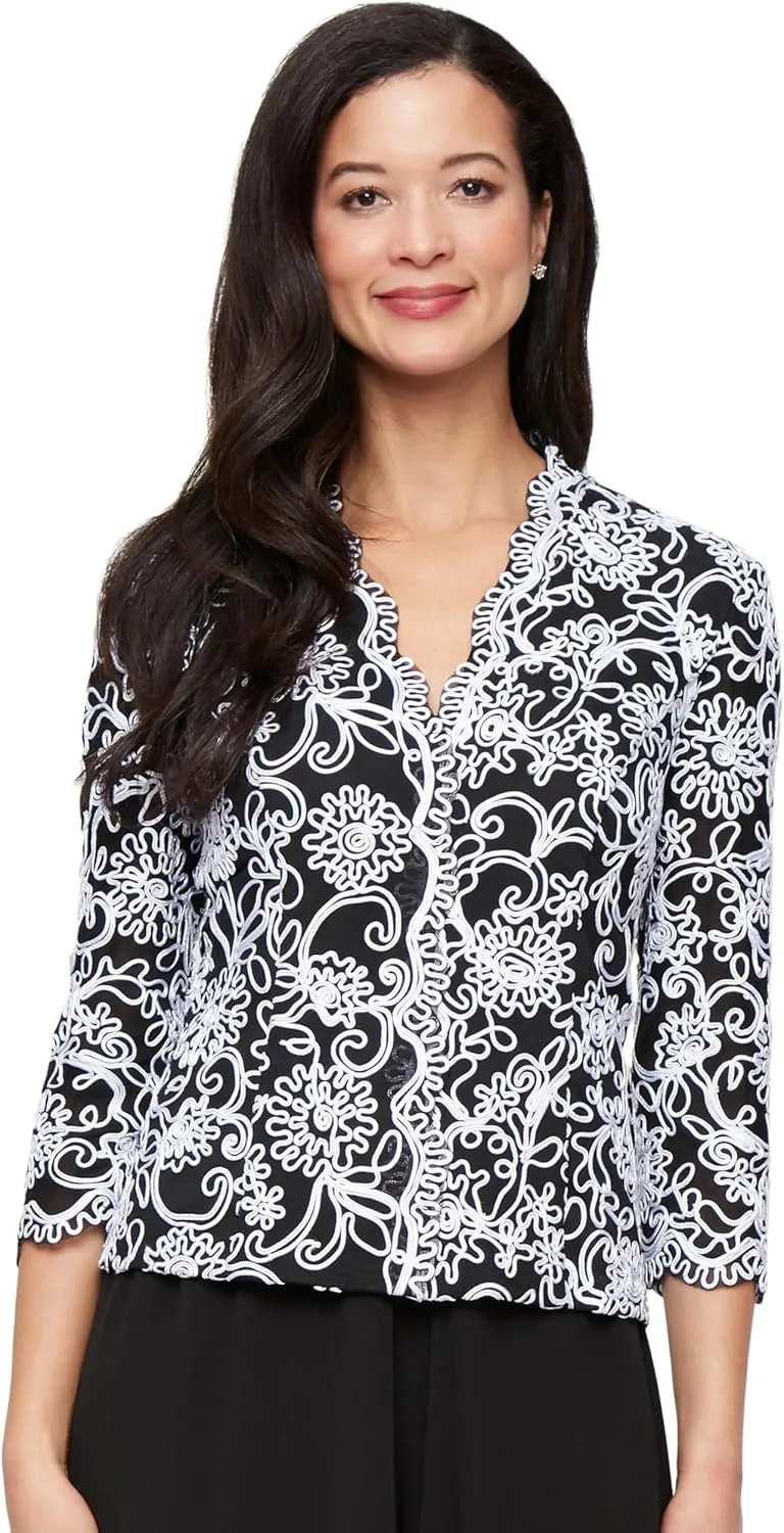 Alex Evenings Women's Stretch Embroidered Formal Event Blouse with Center Front Scallop Detail and Illusion Sleeves