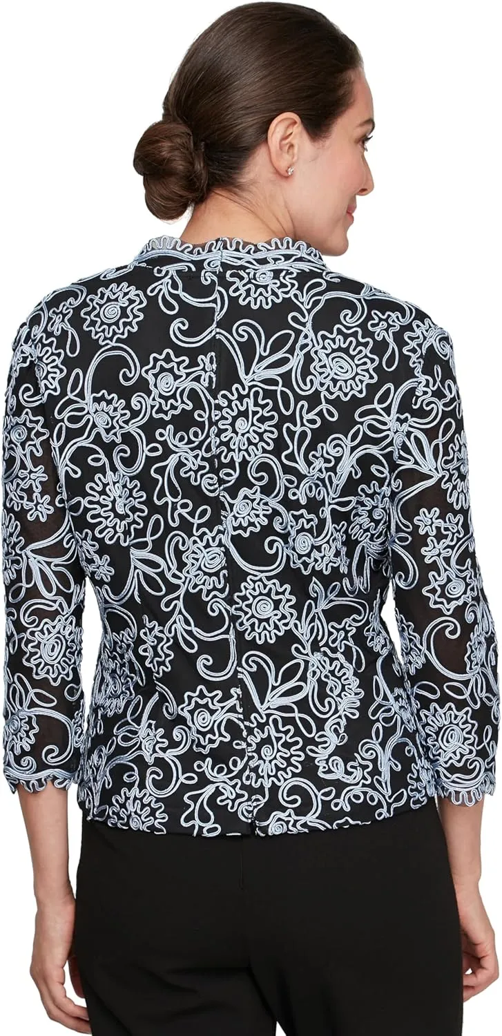 Alex Evenings Women's Stretch Embroidered Formal Event Blouse with Center Front Scallop Detail and Illusion Sleeves