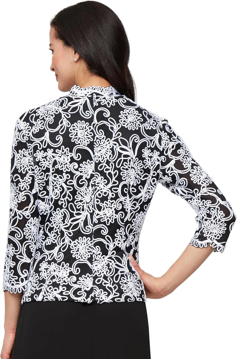 Alex Evenings Women's Stretch Embroidered Formal Event Blouse with Center Front Scallop Detail and Illusion Sleeves