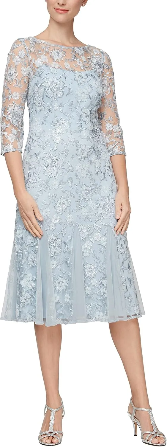 Alex Evenings Women's Tea Length Embroidered Cocktail Dress with Illusion Sleeves, Wedding Guest (Petite and Regular Sizes)