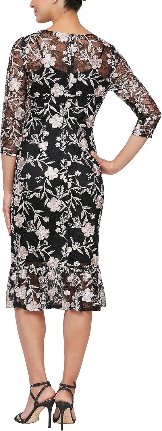 Alex Evenings Women's Tea Length Embroidered Cocktail Dress with Illusion Sleeves, Wedding Guest (Petite and Regular Sizes)