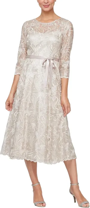 Alex Evenings Women's Tea Length Embroidered Cocktail Dress with Illusion Sleeves, Wedding Guest (Petite and Regular Sizes)