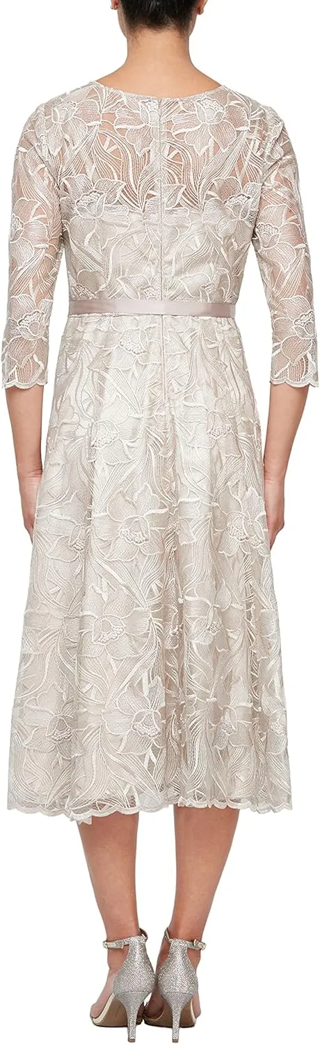 Alex Evenings Women's Tea Length Embroidered Cocktail Dress with Illusion Sleeves, Wedding Guest (Petite and Regular Sizes)